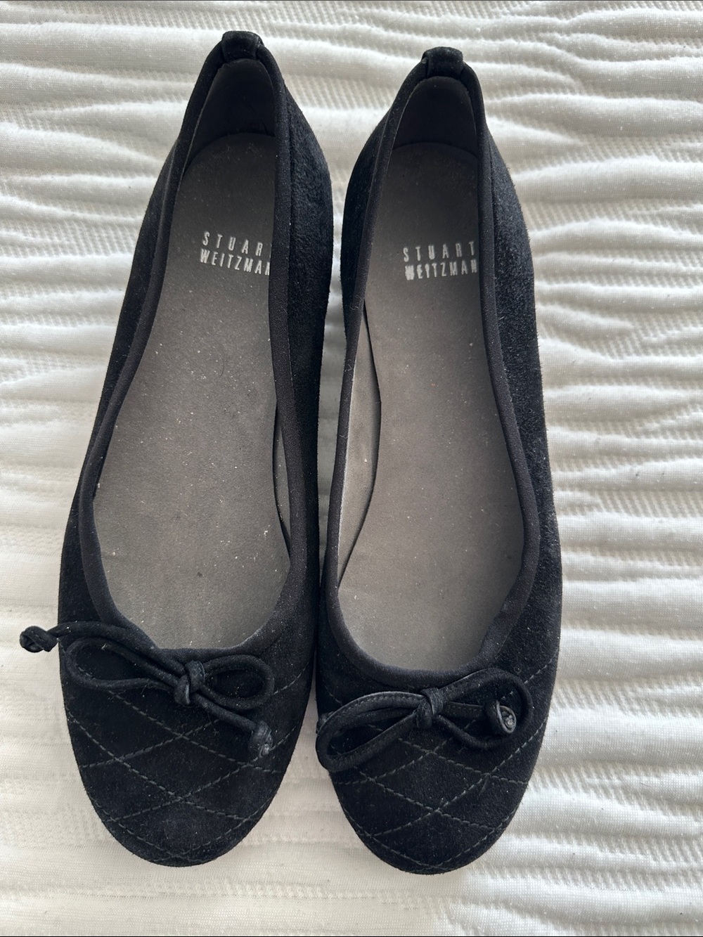 Stuart Weitzman Black Quilted Suede Bow Ballet Flats